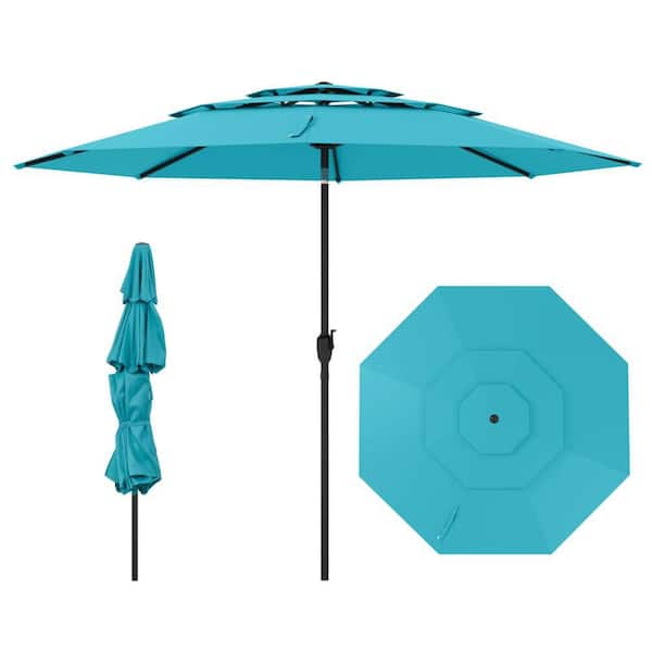 10 ft. Metal Market Tilt 3-tier Vented Patio Umbrella Large Table Umbrella Outdoor Sun Shade in Turquoise