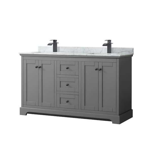 Wyndham Collection Avery 60 in. W x 22 in. D x 35 in. H Double Bath Vanity in Dark Gray with White Carrara Marble Top