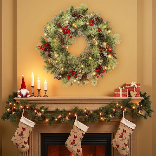 24 in. Battery Operated PreLit LED Artificial Christmas Wreath with Pinecones and Berries