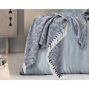Distressed Navy Blue / Ivory 50 in. x 60 in. Woven Boho Chambray Fringe Throw Blanket