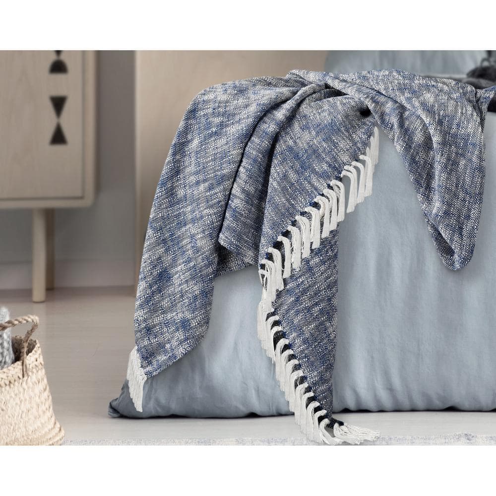 Distressed Navy Blue / Ivory 50 in. x 60 in. Woven Boho Chambray Fringe Thr