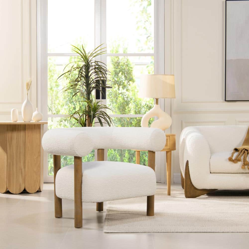 Ivory White Boucle Wood Barrel Accent Chair