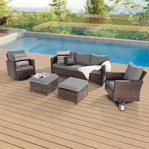 5-Piece Patio Conversation Set Brown Wicker with Swivel Rocking Chair and Gray Thickening Cushions