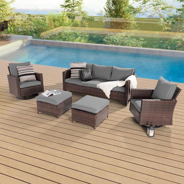 Sonkuki 5-Piece Patio Conversation Set Brown Wicker with Swivel Rocking ...