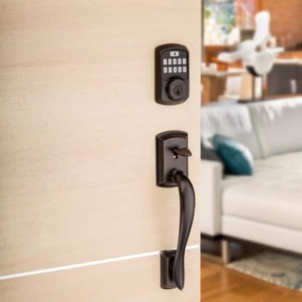 Kwikset Aura Venetian Bronze Single Cylinder Bluetooth Keypad Smart Lock Deadbolt with Avalon and Tustin Hall Closet Handle
