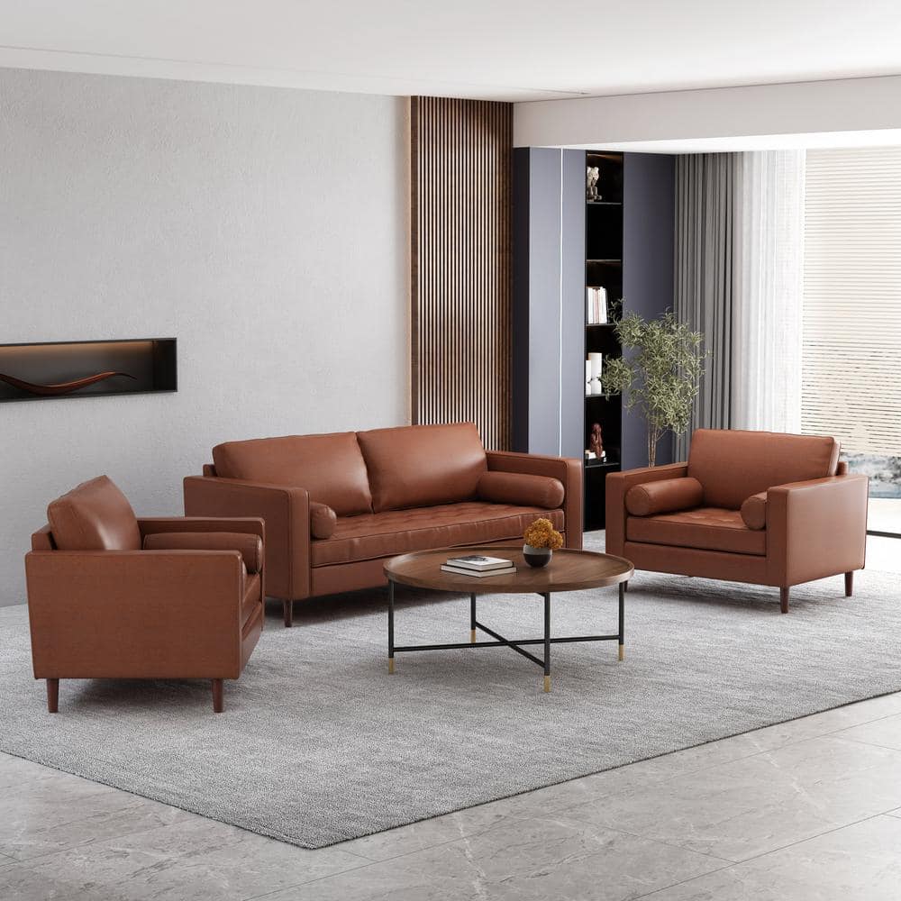 Cognac Brown Faux Leather Tufted 3-Piece Sofa and Club Chair Set