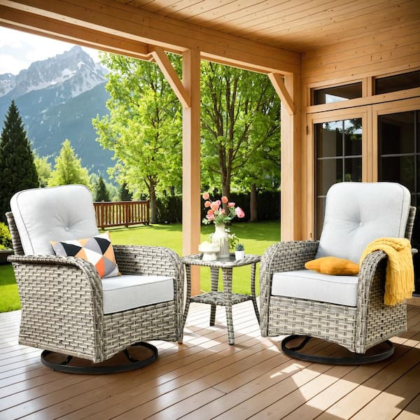 XIZZI Charlotte 3-Piece Wicker Outdoor Rocking Chair with Light Gray Cushions