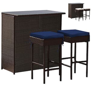 Rattan Bar Table Stool Set Cushioned Chairs with Navy and Off White Cover