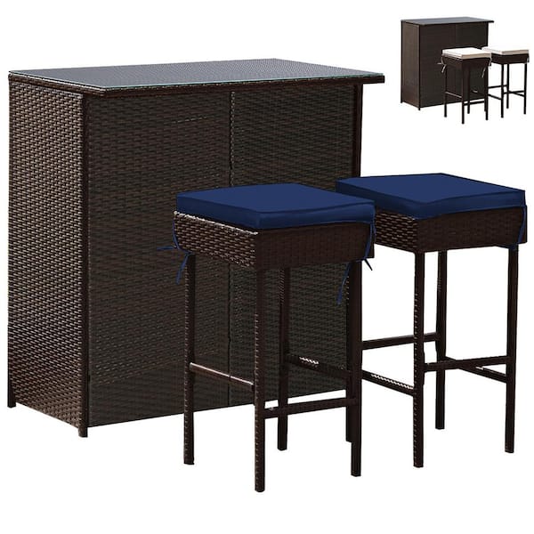 Costway Rattan Bar Table Stool Set Cushioned Chairs with Navy and Off White Cover