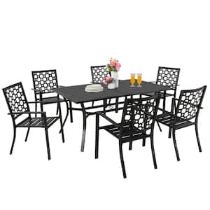 7-Piece Outdoor Dining Set w/ 6 Stackable Metal Patio Chairs & 63 in. Rectangle Dining Table with 1.57 in. Umbrella Hole