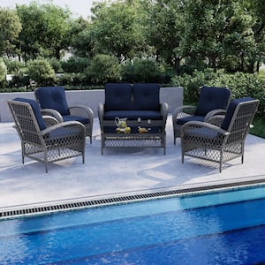 6-Piece Wicker Patio Conversation Set Outdoor Chair Set with Loveseat and Coffee Table, Navy Blue Cushions