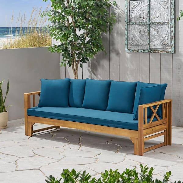 Noble House Long Beach Teak Brown 1-Piece Wood Outdoor Day Bed with Dark Teal Cushions