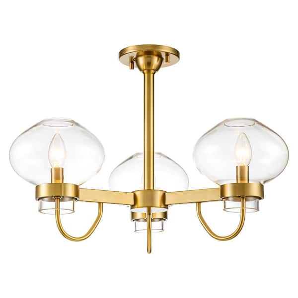 RRTYO Upper 23.2 in. 3-Light Aged Brass Transitional Sputnik Bubble Semi-Flush Mount with Clear Glass for Living/Dining Room