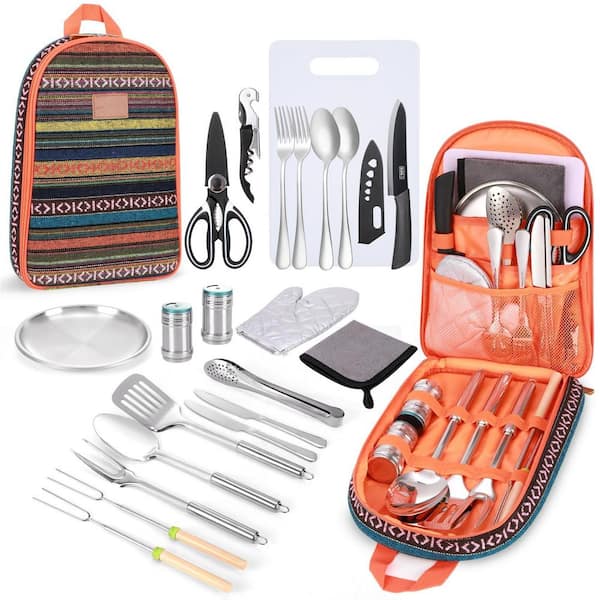 27-Piece Portable Stainless Steel Camping Cookware Set in Orange, Outdoor Cooking and Grilling Utensil Organizer Set