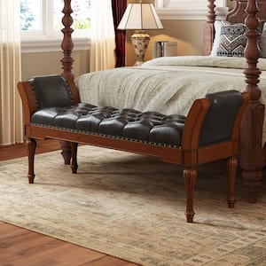 Orvello French Brown 54 in. PU Faux Leather Button Tufted Upholstered Ottoman Bedroom Bench Entryway Shoe Bench