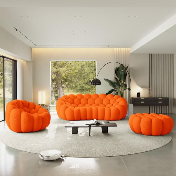Bubble Curved Sofa, 98 in. Mesh Fabric Memory Foam Armless Sofa Set with Chair and Ottoman in Orange