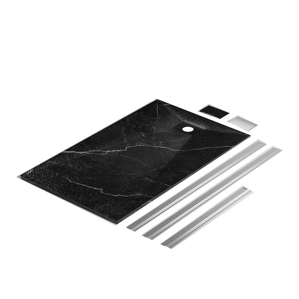 60 in. L x 36 in. W Alcove Shower Pan Base with Reversible Drain Placement Wheel Chair Access Low Profile, Carrara Black