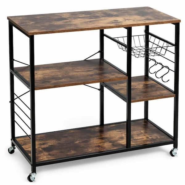 ANGELES HOME 35 1/2 in. W Metal Frame Brown Engineered Wood Shelf Small Rolling Kitchen Cart Trolley on the Wheels