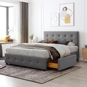 Gray Upholstered Wood Frame Queen Size Platform Bed with Classic Headboard and 4-Drawers
