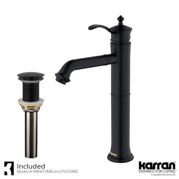 Vineyard Single Handle Single Hole Vessel Bathroom Faucet with Matching Pop-Up Drain in Matte Black
