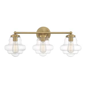26 in. W x 10 in. H 3-Light Natural Brass Bathroom Vanity Light with Clear Glass Shades