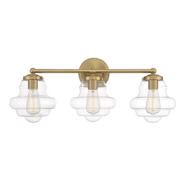 Savoy House 26 in. W x 10 in. H 3-Light Natural Brass Bathroom Vanity Light with Clear Glass Shades