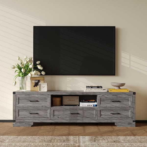 Rustic Gray Oak Finish TV Stand Fits TVs up to 70 in. with 5 Drawers, Cable Management, Living Room Storage