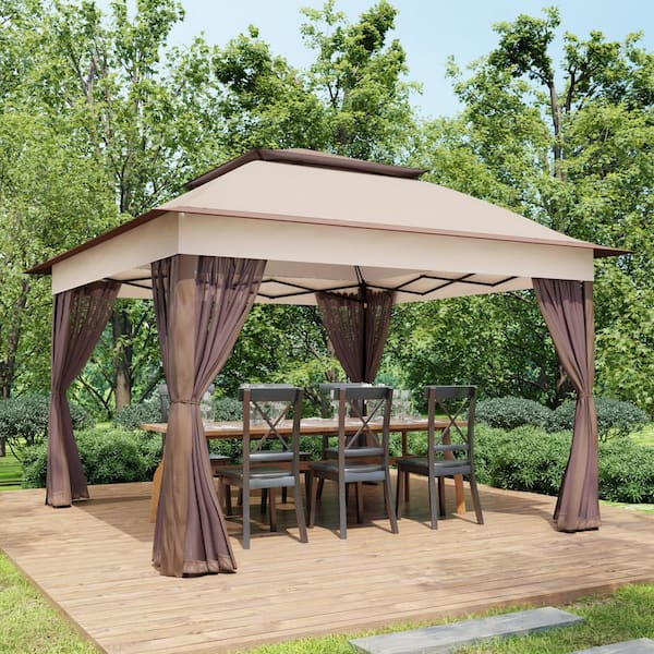 11 ft. x 11 ft. Beige Pop-Up Outdoor Patio Steel Metal Frame Soft Top Gazebo with Mosquito Netting