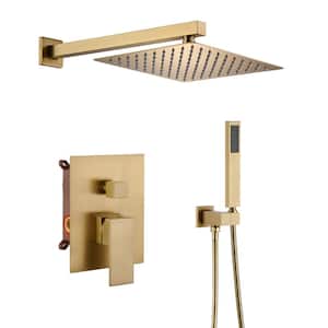 2-Spray Patterns 10 in. Wall Mount Square Rainfall Dual Shower Heads in Brushed Gold Bathroom Showers