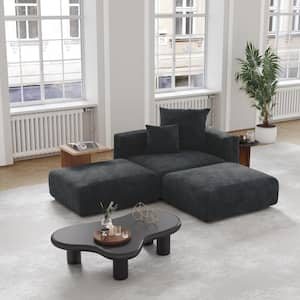 91 in. Square Arm Free Combination 3-Piece L Shaped Corduroy Polyester Modern Sectional Sofa with Ottomans in. Black
