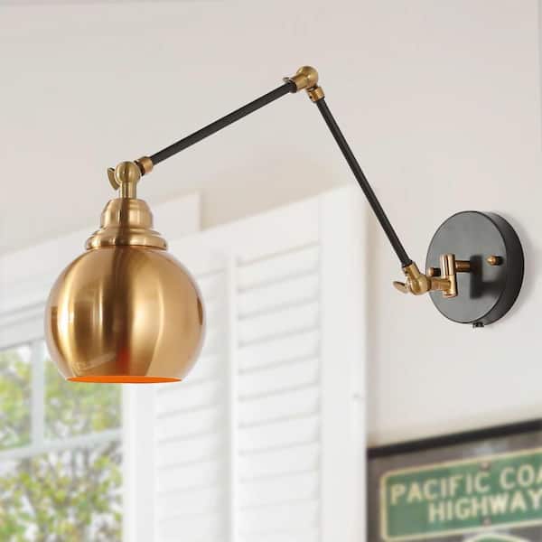 Plug-In/Hardwire Swing Arm Wall Light, 1-Light Modern Polished Brass Wall Sconce, Industrial Black Wall Sconce Lighting