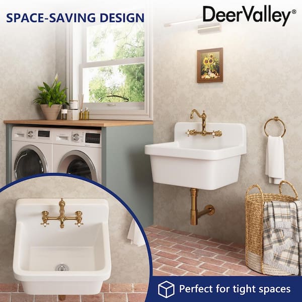 DEERVALLEY 10 Gallon Ceramic Wall Mount Laundry Utility Sink with Basket Strainer