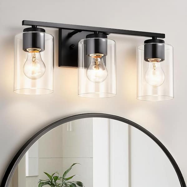 17 in. 3 Light Matte Black Bathroom Vanity Light with Clear Cylindrical Glass Shades