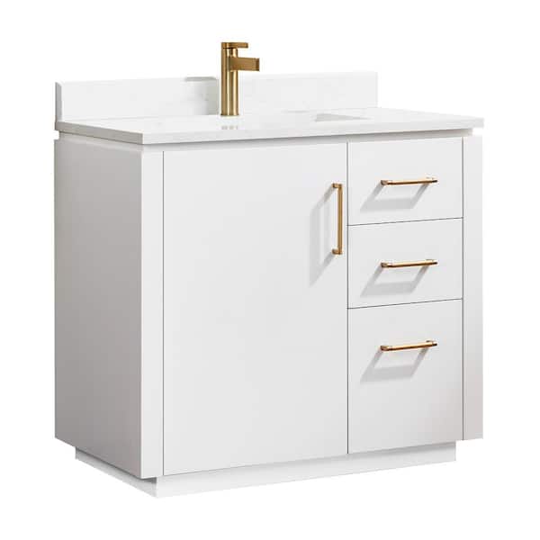 San 36 in. W x 22 in. D x 33.8 in. H Single Bath Vanity in White with White Engineered Stone Composite Top