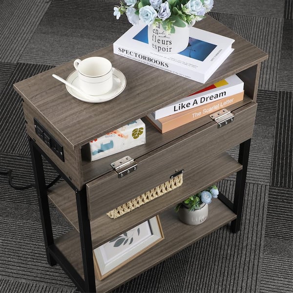 Jalane Tall End Table with 2 USB Ports, 2 Power Outlets, and 3-Tier Storage Shelves 17 Stories Color: Wash Gray