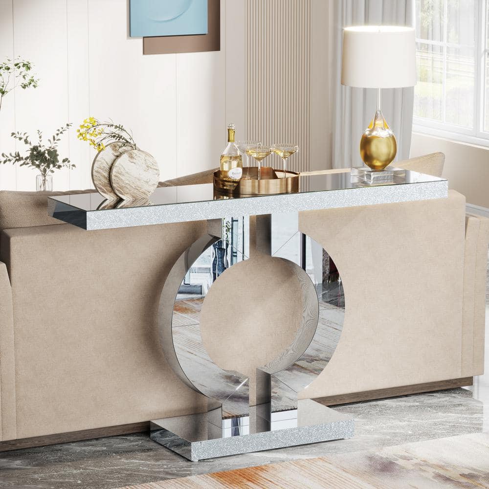 Silver Mirrored Glass Console Table with O-Shaped Base
