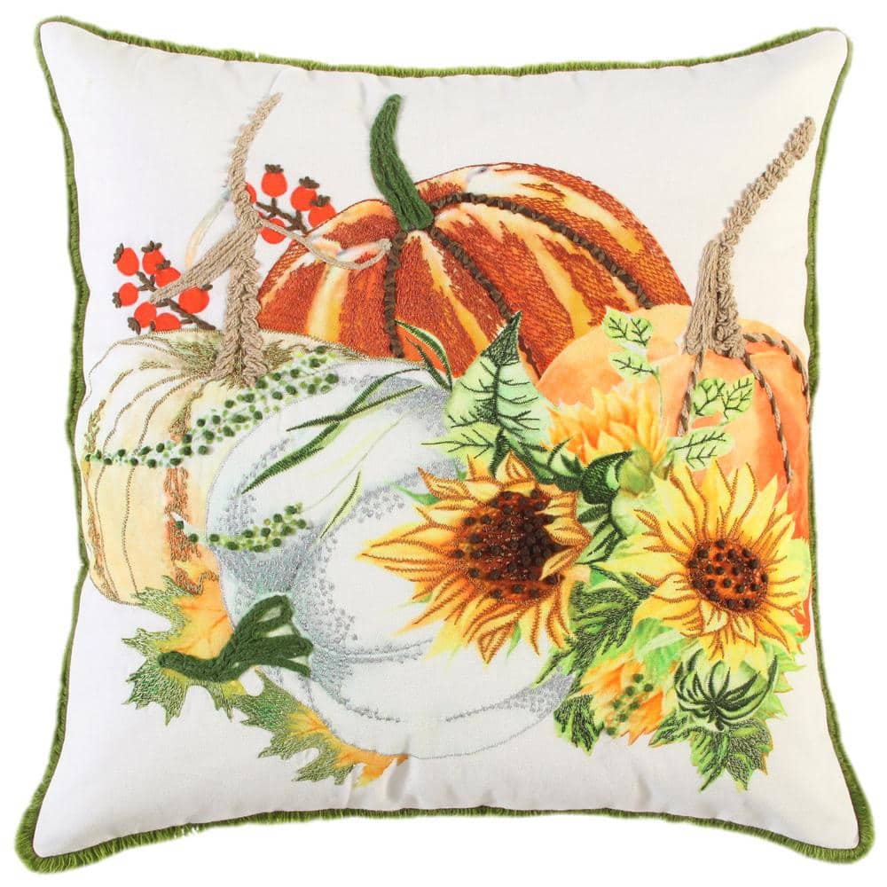 Ivory/Multi Harvest Embroidered Botanical Poly Filled 20 in. x 20 in. Decor