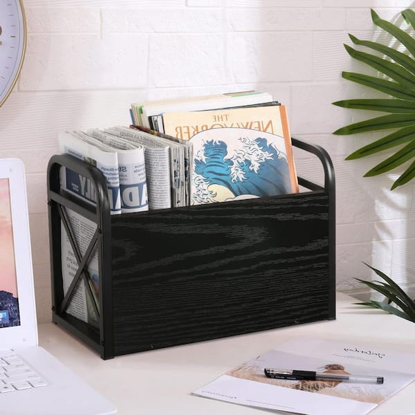 Black 14.2 in. x 10.4 in. Wood Freestanding Magazine Rack