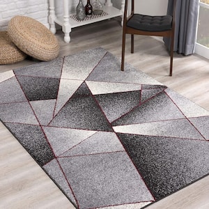 Grey White and Red 2 ft. X 15 ft. aGeometric Power Loom Stain Resistant Area Rug