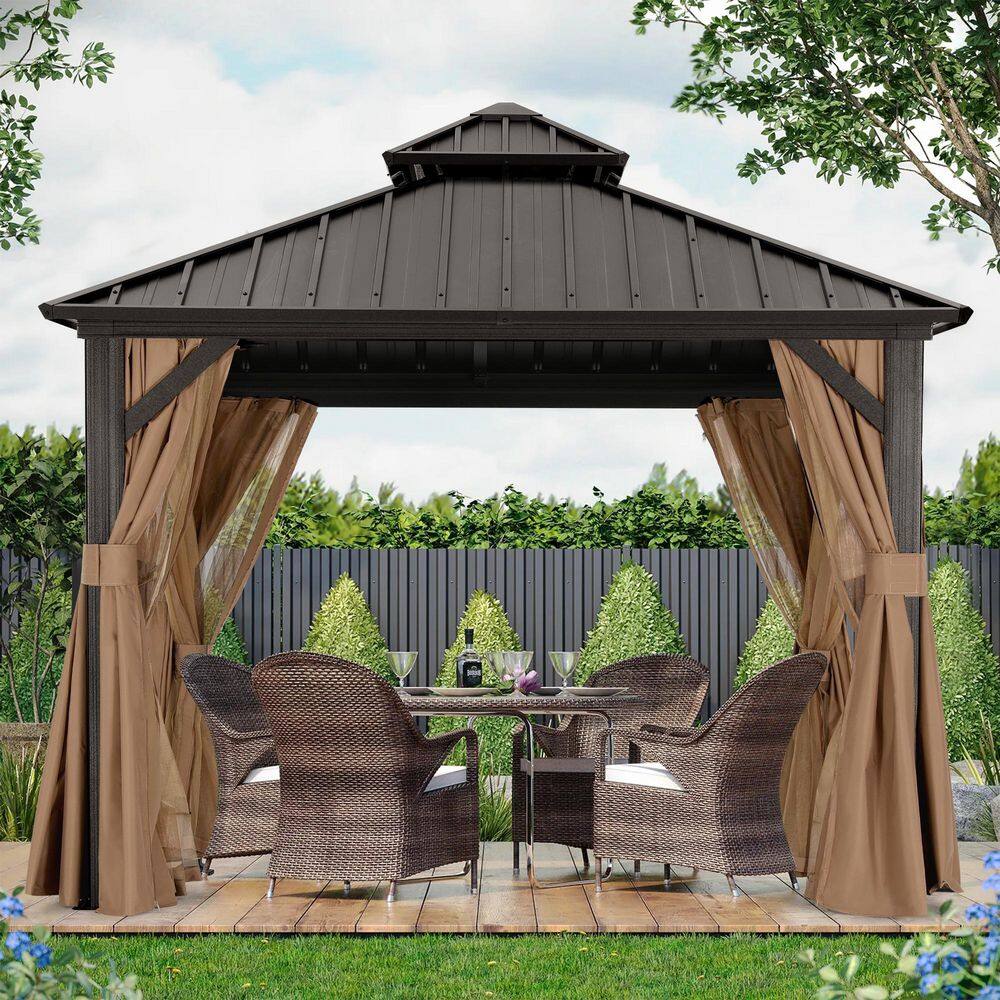 8 ft. x 8 ft. Khaki Patio Hardtop Gazebo Galvanized Steel Double Roof Aluminum Pavilion with Netting and Curtain price history on PriceWatchPro