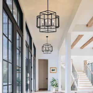 4-Light Industrial Chandelier Dining Room Lighting Fixture Foyer Cage Kitchen Island Ceiling Lamp, Black and Nickel