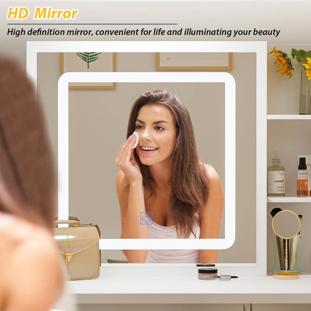5-Drawers White Wood Makeup Vanity Sets Dressing Table Sets With LED Push-Pull Mirror, Stool and Storage Shelves - thumbnail 7
