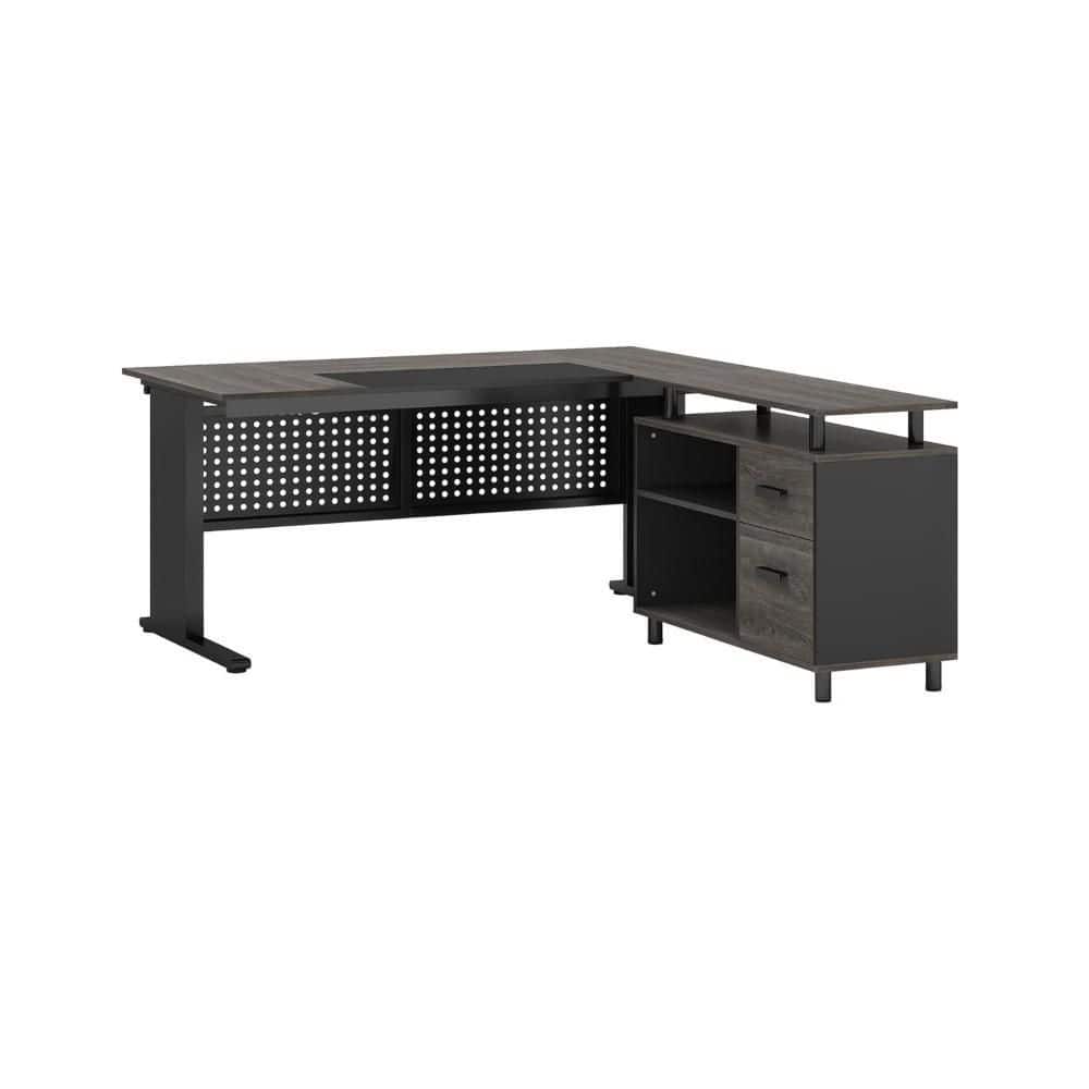 Liy 31.5 in. L-Shape Gray and Black Wood 2-Drawer Writing Desk with File Cabinet