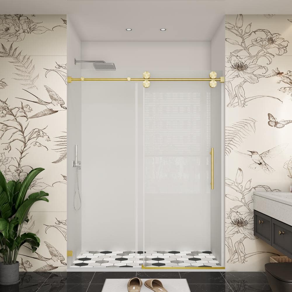 48 in. W x 76 in. H Single Sliding Frameless Bypass Shower Door in Brushed Gold with Easy-Clean 3/8 in. Glass price history on PriceWatchPro