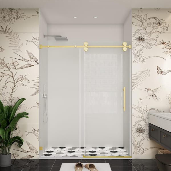 YINVANI 48 in. W x 76 in. H Single Sliding Frameless Bypass Shower Door in Brushed Gold with Easy-Clean 3/8 in. Glass