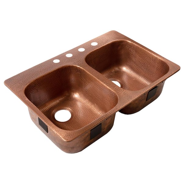 SINKOLOGY Santi 33 in. 4-Hole Right Drop-In Double Bowl 16 Gauge Antique Copper Kitchen Sink