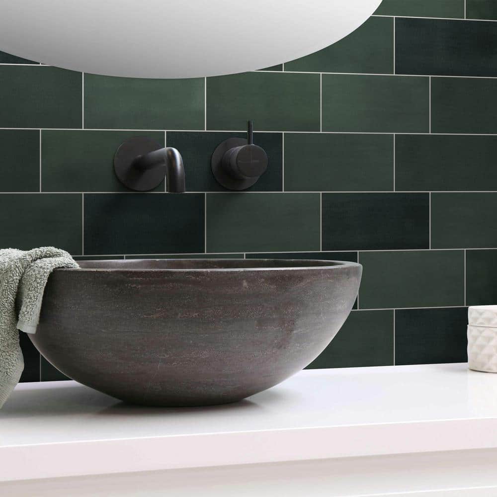 Green Stone Composite Peel and Stick Subway Wall Tiles