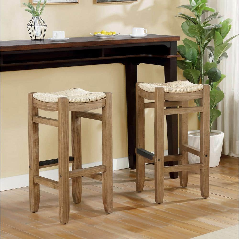 30" Brown Wood Backless Saddle Style Bar Stools - Set of Two