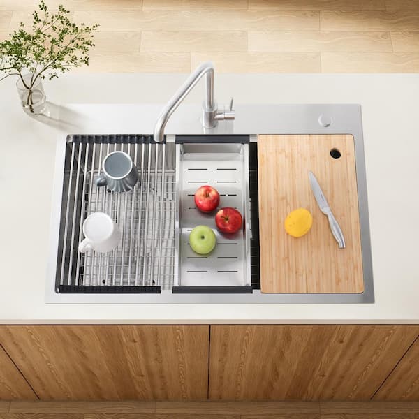 30 in. L x 22 in. W Drop In Single Bowl 20 Gauge Brushed Nickel Stainless Steel Kitchen Sink with Accessories