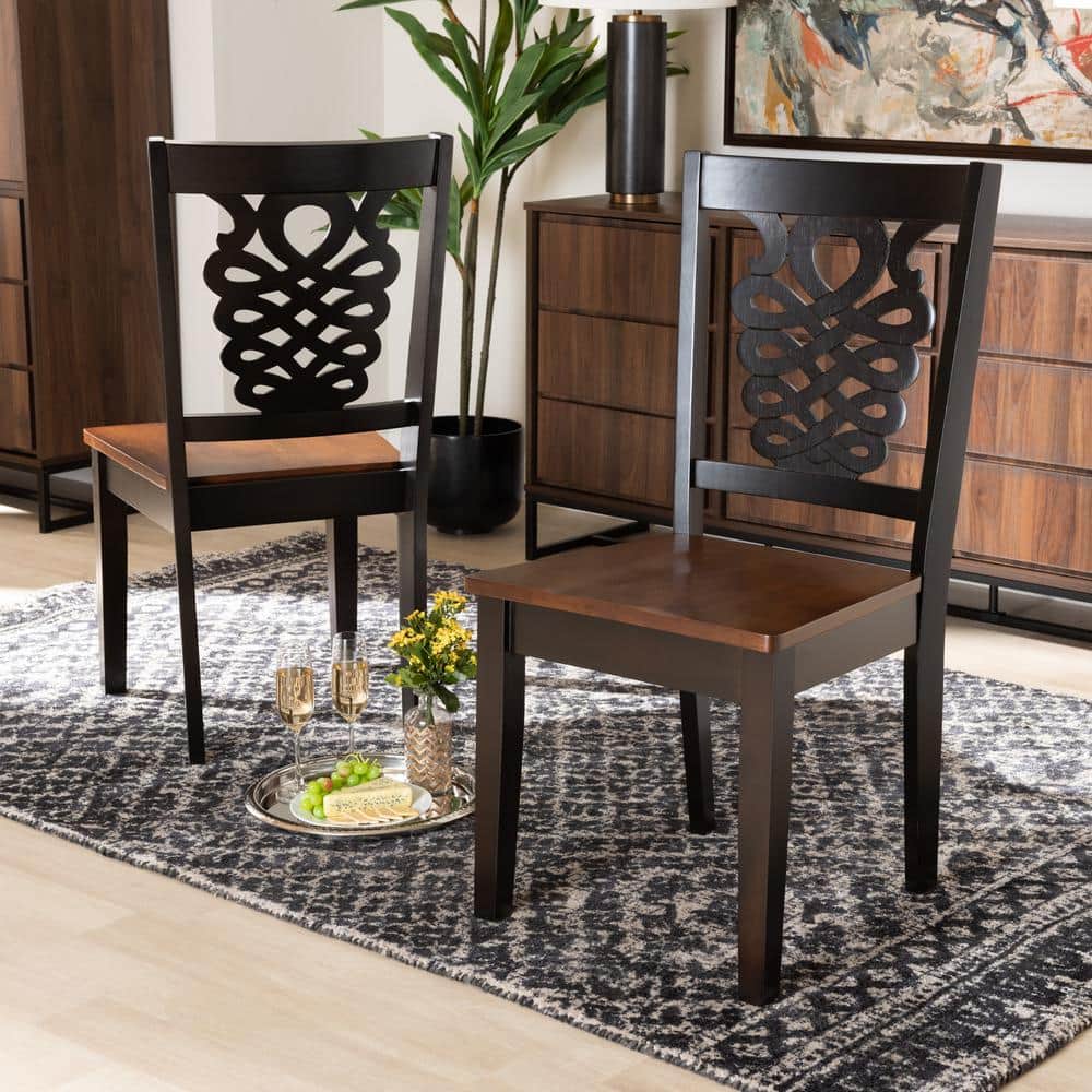 Gervais Two-Tone Dark Brown and Walnut Wood Dining Chair Set